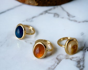 Large Oval French Gemstone Rings, Classic Vintage Rings For Women, Set in Gold Coloured Alloy Rings, Fully Adjustable, Gift For Her