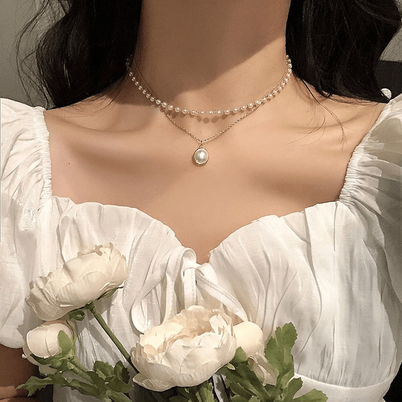 Double Layer Pearl Choker Necklace. Chain Pendant for Women. 