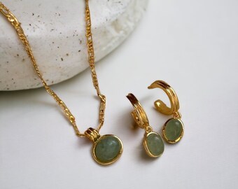 Green Jade Necklace And Earrings Set, Jewellery Set For Women, Christmas Gift, Cute Gold Chain Necklace, Gold Plated Earrings For Her