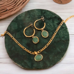 Green Jade Necklace And Earrings Set, Jewellery Set For Women, Christmas Gift, Cute Gold Chain Necklace, Gold Plated Earrings For Her