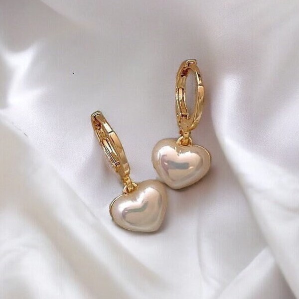 Pearl Heart Drop Pendant Earrings, Dainty White Love Dangle Huggies, Gold Hoops Charm Classic Bridal Jewellery, Love Studs for Women Gift