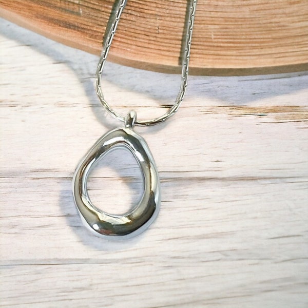 Hammered Oval Silver Necklace, Irregular Hollow Pendant Jewelry, Sterling Silver Waterproof Jewellery, Chunky Geometric Charm Accessory
