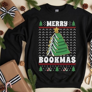 Book Ugly Christmas Sweater, Funny Book Lover T-Shirt, Librarian Gifts, Gift For Bookworm, Merry Bookmas, Bibliophile Gift, Cute Teacher Tee