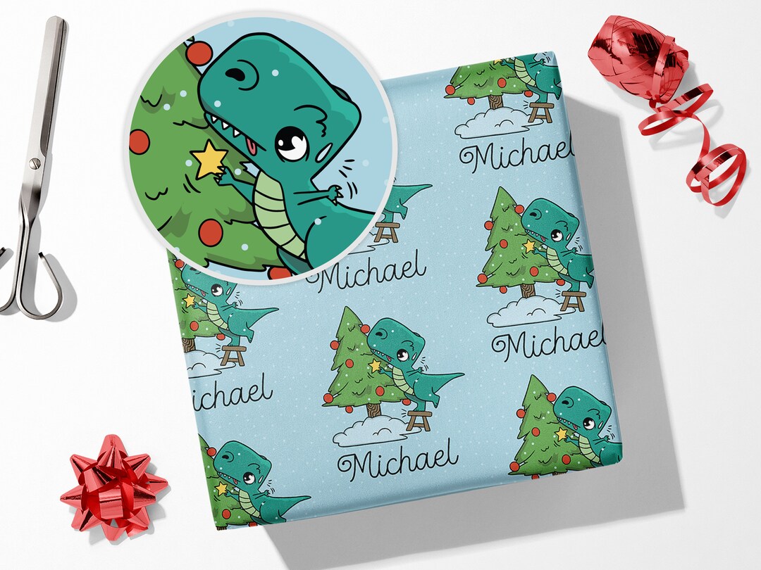 Trex Dinosaur Christmas Wrapping Paper Personalized Custom Etsy