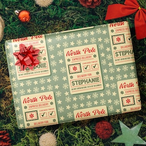 North Pole Christmas Wrapping paper, Personalized Wrapping Paper, Cute Vintage Christmas Paper, Custom Name Gift Wrap, Xmas Wrapping Paper