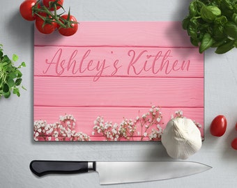 Pink Cutting Board | Floral Patterned Personalized Chopping and Serving Board | Decorative Tempered Glass for Kitchen Decor, Custom Gifts