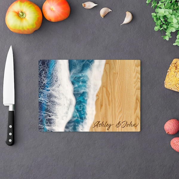 Personalized Ocean Cutting Board - Handmade Tempered Glass Charcuterie Board - Wedding or Engagement Gift - Decorative Kitchen Serving Board