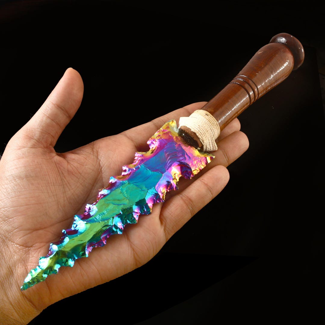 10 Inch, Titanium Aura Quartz, Carved Crystal Blade, Arrowhead Handle ...
