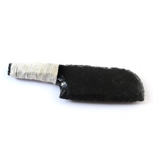 May include: A black obsidian knife with a white wrapped handle. The blade is a dark, glossy black, and the handle is wrapped with white twine. The knife is set against a white background.