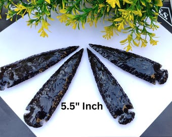 5–5.5 Inch Black Obsidian Arrowhead – Hand Knapped Stone Blade, Healing Crystal, Spiritual Chakra