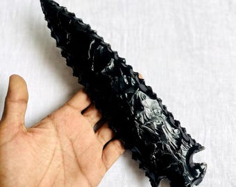10 Inch Hand Knapped Black Obsidian arrowhead – Crystal Athame, Handmade Ritual Blade,