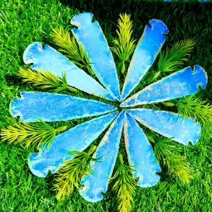 Puede incluir: Una colección de diez puntas de flecha azules iridiscentes dispuestas en un patrón circular sobre un lecho de hierba verde.