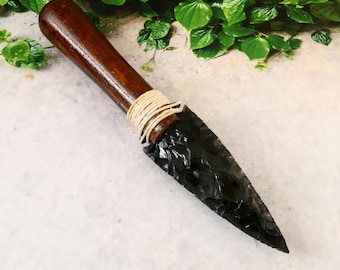 8 Inch, Obsidian Arrowhead, Knife with Handle, Handmade Crystal Blade, Healing Stone,