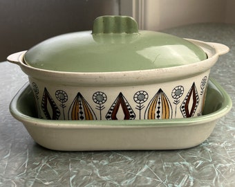 1960s Vintage EGERSUND Kongo Casserole and Serving Dish, Onions & Daisy, MCM, Hard To Find, Retro Kitchen, Home Decor, Green and White