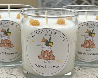 Candela di cera di soia profumata Piña Colada / Ananas di cera d'api / Decorazione per la casa, Fragranze / Fatto a mano e naturale / Idee regalo / Candela fruttata da 16 once