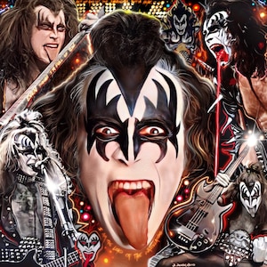 Puede incluir: Un collage vibrante con múltiples imágenes de los miembros de la banda de rock KISS con su icónico maquillaje. La figura central tiene la lengua afuera. La imagen incluye texto que dice "I AM THE LORD OF THE WASTELANDS" y "EVEN THOUGH I'M FULL OF SIN".