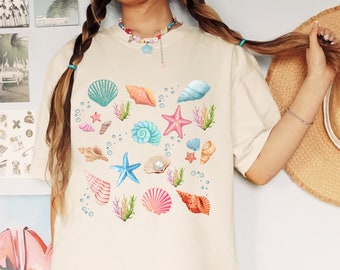 Vintage Seashell Graphic Tee tshirt rétro des années 90 esthétique côtière jolie femme collage tendance chemise surdimensionné océan mer vie plage d'été
