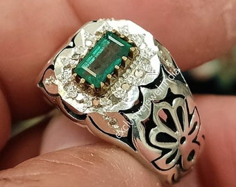 Emerald Sterling Silver Men's Ring - May Birthstone