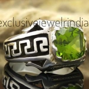 Natural Peridot Cushion Men&#39;s Ring, Solid 925 sterling Silver, Promise Ring, Handmade Ring, August Birthstone Ring, Wedding Anniversary Ring