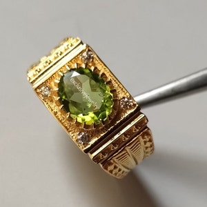 Natural Peridot Men&#39;s Ring, Solid 14K Yellow Gold Rings, Designer Promise Ring, Peridot Gemstone, Wedding Gift August Birthstone Gift