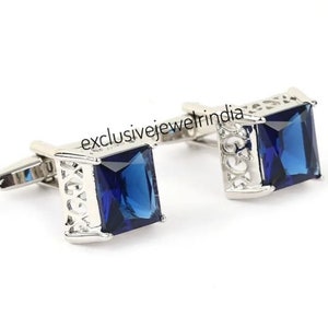 10 MM Lab Blue Sapphire Men&#39;s Cufflinks, Solid 925 Sterling Silver Cufflink, Gemstone Cufflink, Stylish Men&#39;s Cufflink, Best Gift For Him