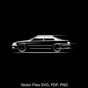 Könnte beinhalten: Eine weiße Silhouette eines Autos, das auf einem schwarzen Hintergrund rast. Das Auto ist eine Limousine mit einem schlanken Design. Das Bild ist einfach und modern.