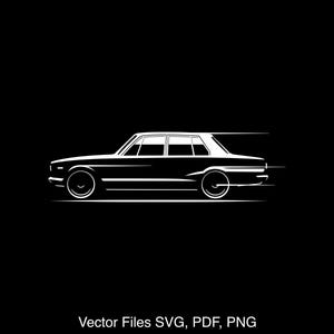 Könnte beinhalten: Eine weiße Silhouette eines klassischen Autos, das eine Straße entlang rast. Das Auto hat eine lange Motorhaube und ein elegantes Design.