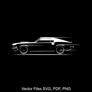 May include: A white silhouette of a classic muscle car speeding forward against a black background. The car has a long hood, a rounded roofline, and a distinctive rear end.