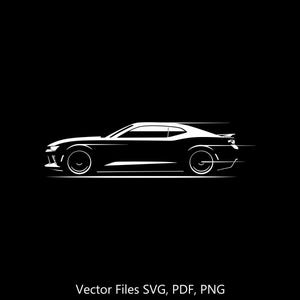 May include: A white silhouette of a sports car speeding on a black background. The car has a sleek design with a long hood and a low profile. The car is in motion, with a blur effect behind it.