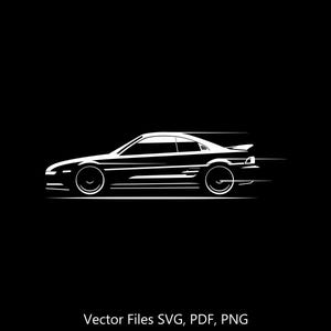 May include: A white silhouette of a sports car speeding on a black background. The car has a sleek design with a low profile and a spoiler. The image is simple and modern, with a focus on the car's speed and power.