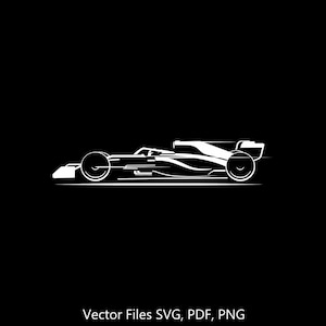 Peut inclure: Une silhouette blanche d'une voiture de course sur un fond noir. La voiture est orientée vers la droite et possède un siège conducteur, des roues et un aileron.