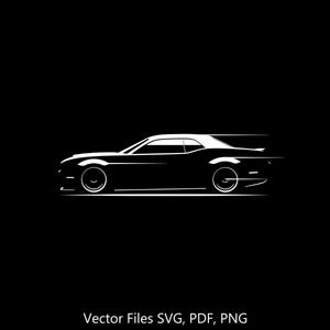May include: A white silhouette of a classic muscle car speeding forward against a black background. The car has a long hood, a low profile, and a sporty design. The image is simple and elegant, capturing the essence of speed and power.