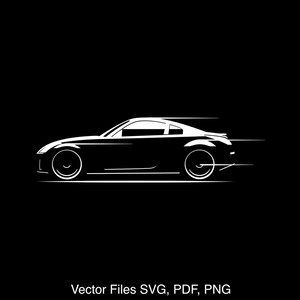 May include: A white silhouette of a sports car speeding on a black background. The car has a sleek design with a low profile and a long hood. The car is in motion, with a blur effect behind it.