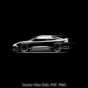 Könnte beinhalten: Eine weiße Silhouette eines Sportwagens auf schwarzem Hintergrund. Das Auto ist in Bewegung, mit einem Unschärfe-Effekt dahinter. Der Text "Vector Files SVG, PDF, PNG" befindet sich unter dem Auto.