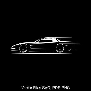 May include: White vector illustration of a sports car on a black background. The car is depicted in profile with motion lines, suggesting speed. The image includes the text "Vector Files SVG, PDF, PNG" at the bottom.