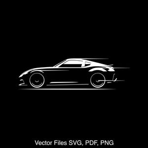 May include: A white silhouette of a sports car speeding on a black background. The car has a sleek design with a low profile and a long hood. The car is in motion, with the wheels blurred and the tail lights visible.