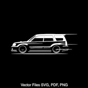 May include: A white silhouette of a car speeding on a black background. The car is a Subaru Outback.