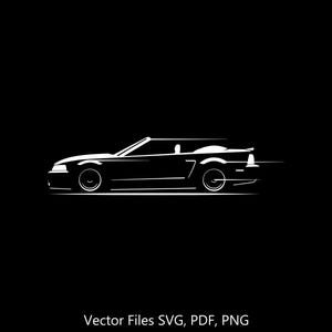 May include: A white silhouette of a convertible car speeding on a black background. The car has a rounded shape and a long hood. The car is in motion, with a blur effect behind it. The text "Vector Files SVG, PDF, PNG" is at the bottom of the image.