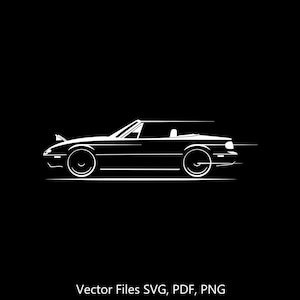 May include: White line art illustration of a convertible car on a black background. The car is depicted in profile, with details like the wheels, headlights, and open top. The text "Vector Files SVG, PDF, PNG" is at the bottom.