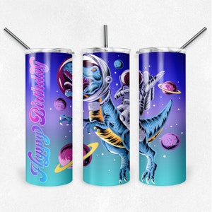 Astronauta en Dinosaur Tumbler Wrap • Feliz cumpleaños chicos regalo png • 20 oz Tumbler Wrap Skinny Straight Sublimation Seamless