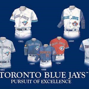 May include: A collage of Toronto Blue Jays baseball jerseys from 1981 to 2017. The jerseys are displayed in chronological order, with the year of each jersey printed below it. The text "Toronto Blue Jays™ Pursuit of Excellence" is printed at the bottom of the collage.