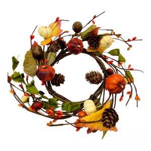 May include: A fall-themed wreath with faux pumpkins, pine cones, leaves, and berries. The wreath is made of twigs and is perfect for decorating for the autumn season.