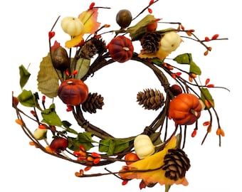 Fall Candle Ring Pumpkin Maple Leaves Pip Berry Autumn Candle Wreath with Pine Cones, Thanksgiving Table Centerpiece, Halloween Decor R094-4