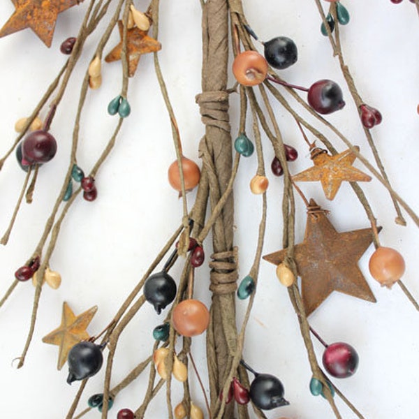 EV-102N Primitive Pip Berry Garland Blue, Burgundy & Mustard Color w/ Rusty Metal Stars 60" Floral, Home Décor, Party Décor, Country Garland