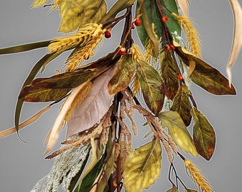 6ft Fall Garland for Mantle, Harvest Wheat and Leaf Garland, Autumn Decor, Thanksgiving Fireplace Garland, Rustic Farmhouse Garland EV-15921