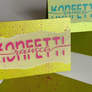 Glückwunschkarte Konfetti-rausch. Grün-Petrol oder Grün-Pink. Klappkarte mit Umschlag. Jubiläum. Jahrestag. Geburtstag. Gratulation.