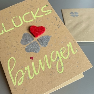 Glückwunschkarte Glücksbringer. Kleeblatt. Gratulation. Glückskarte. Neujahrswünsche. Wünsche zur Prüfung. verzierter Umschlag. Geburtstag.