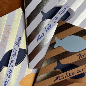 Taufkarte. Blickfang Fisch. personalisierbar. Glückwünsche zur Taufe. Namensweihe. Namensfeier. Klappkarte mit Umschlag.