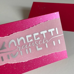 Glückwunschkarte Konfetti-rausch. Pink & Silber. Gratulation. Klappkarte mit Umschlag. Jubiläum. Jahrestag. Geburtstag.