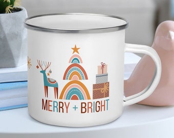 Boho Christmas Mug, Merry & Bright Mug, Boho Christmas Gift, Christmas Enamel Camping Mug, Christmas Camp Mug, Hot Cocoa Mug, Holiday Mug